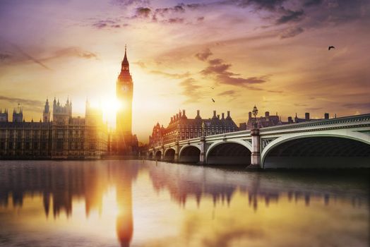 Big Ben and Westminster Bridge at dusk, London, UK