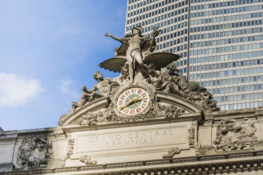 New York, USA, November 2016: Closeup horizontal view of Grand Central Terminal facade including sculpture and clock.