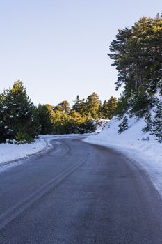 Road in Ziria mountain on a winter day, Korinthia, South Peloponnese, Greece. Ziria is one of the snowiest mountains in Peloponnese (2,374m).