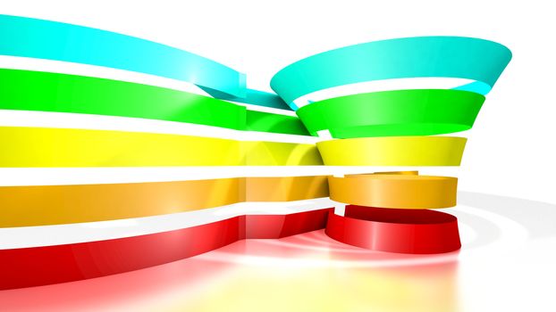 3D funnel with five colored tape. Space available for text and values. 3D Rendering