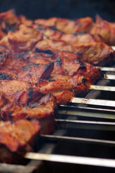 a Shashlik on skewers closeup on grill