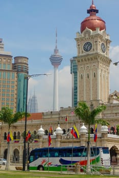 Clock tower of Sultan Abdul Samad building near Mederka Square in Kuala Lumpur, Malaysia