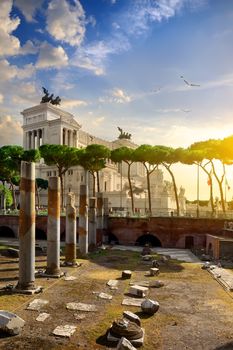 View on Vittoriano from the Forum of Trajan square in Rome, italy