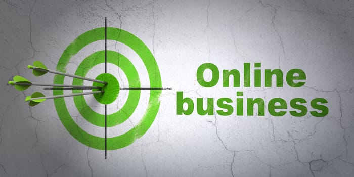 Success finance concept: arrows hitting the center of target, Green Online Business on wall background, 3D rendering