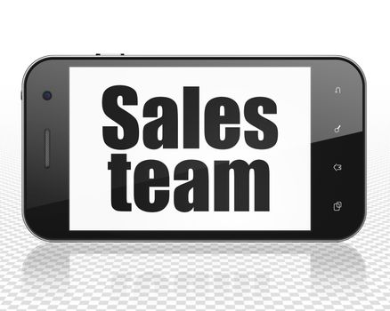 Advertising concept: Smartphone with black text Sales Team on display, 3D rendering