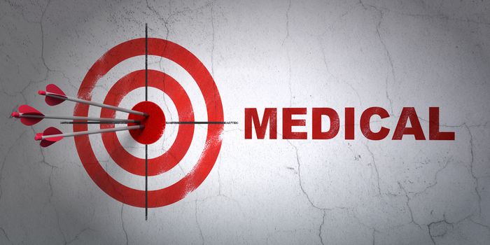 Success Healthcare concept: arrows hitting the center of target, Red Medical on wall background, 3D rendering