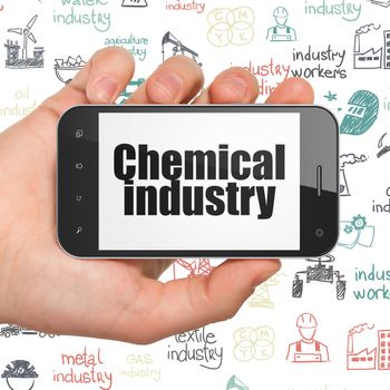 Industry concept: Hand Holding Smartphone with  black text Chemical Industry on display,  Hand Drawn Industry Icons background, 3D rendering