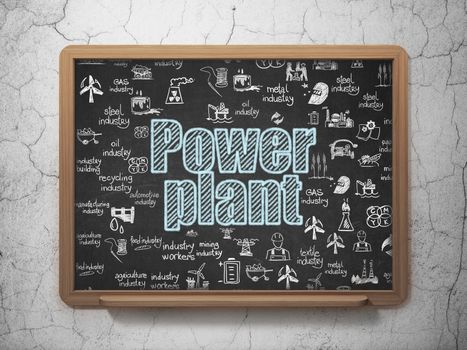 Manufacuring concept: Chalk Blue text Power Plant on School board background with  Hand Drawn Industry Icons, 3D Rendering