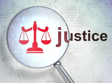 Law concept: magnifying optical glass with Scales icon and Justice word on digital background, 3D rendering