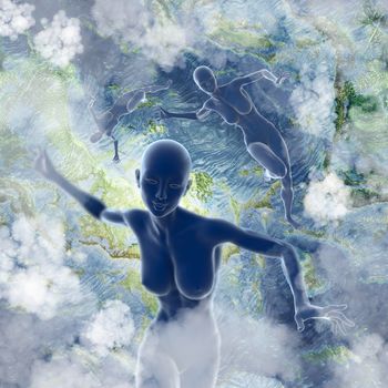 Slim attractive sportswoman flying in the air full of clouds over earth background. Fantasy fairy virtual reality 3d illustration.