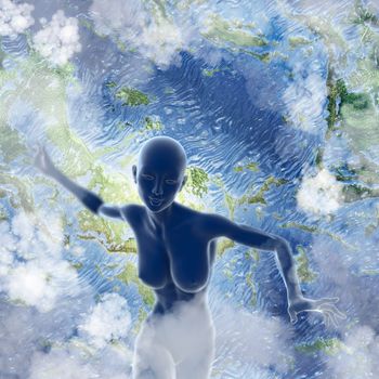 Slim attractive sportswoman flying in the air full of clouds over earth background. Fantasy fairy virtual reality 3d illustration.