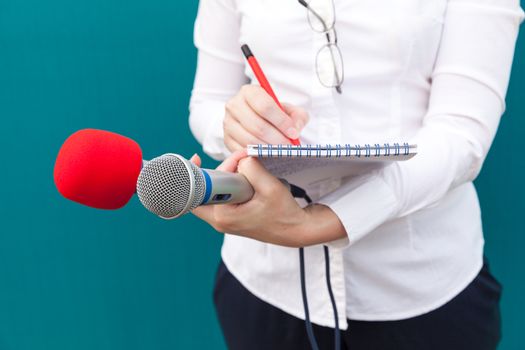 Female reporter taking notes at press conference