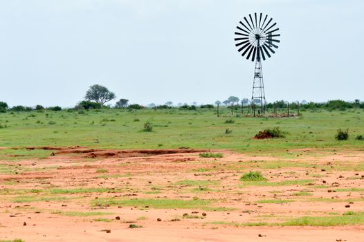 Stainless steel windmill used as a water pump in the Tsavo park savannah in Kenya