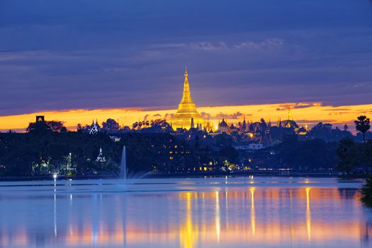 Shwedagon Pagoda at sunset , Myanmar Yangon landmark