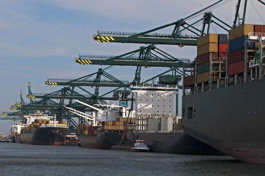 container ship unloading in a harbor