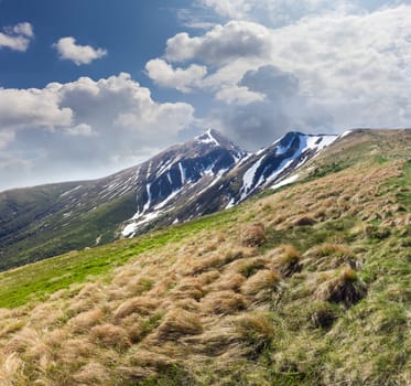 Mountain peak in the Carpathian Mountains against the sky with clouds and with a slope covered dry grass in the foreground in early spring
