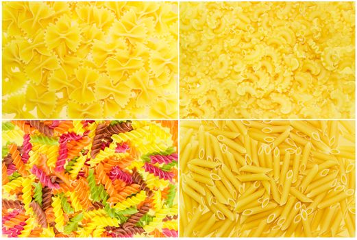 Set of backgrounds of several uncooked pasta different varieties, shapes and colors
