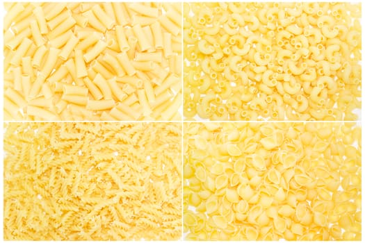 Set of backgrounds of several uncooked pasta different varieties and shapes 
