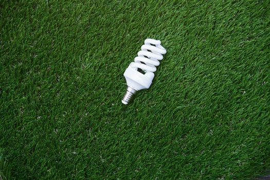 Energy saving bulb in the grass. Horizontal photo