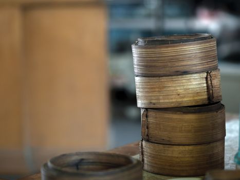 COLOR PHOTO OF DIM SUM STEAMER BASKETS