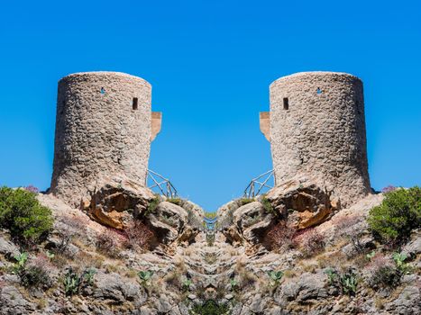 Old signal towers and watchtowers or defensive towers in Spain.