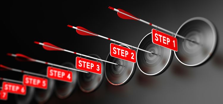 3D illustration of arrows with red signs hitting modern targets over black background. Training steps concept, horizontal image.