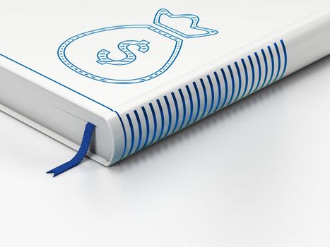 Banking concept: closed book with Blue Money Bag icon on floor, white background, 3D rendering