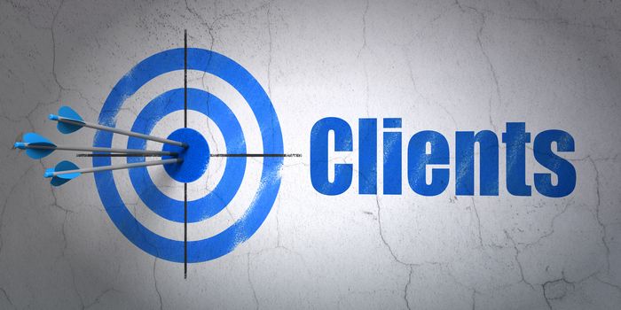 Success business concept: arrows hitting the center of target, Blue Clients on wall background, 3D rendering