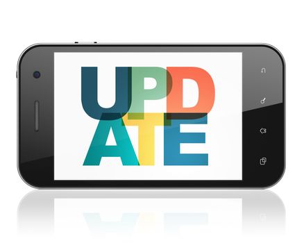 Web development concept: Smartphone with Painted multicolor text Update on display, 3D rendering