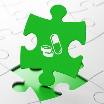 Health concept: Pills on Green puzzle pieces background, 3D rendering