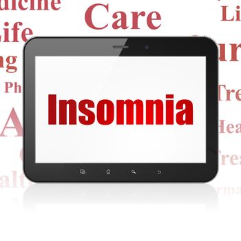 Medicine concept: Tablet Computer with  red text Insomnia on display,  Tag Cloud background, 3D rendering