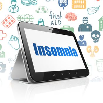 Medicine concept: Tablet Computer with  blue text Insomnia on display,  Hand Drawn Medicine Icons background, 3D rendering