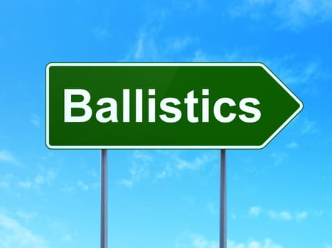 Science concept: Ballistics on green road highway sign, clear blue sky background, 3D rendering