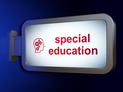 Education concept: Special Education and Head With Gears on advertising billboard background, 3D rendering
