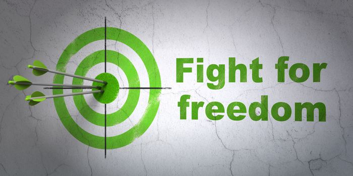 Success politics concept: arrows hitting the center of target, Green Fight For Freedom on wall background, 3D rendering