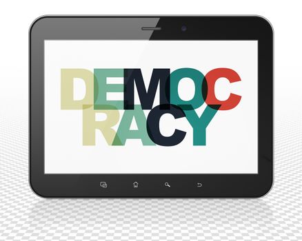 Political concept: Tablet Pc Computer with Painted multicolor text Democracy on display, 3D rendering