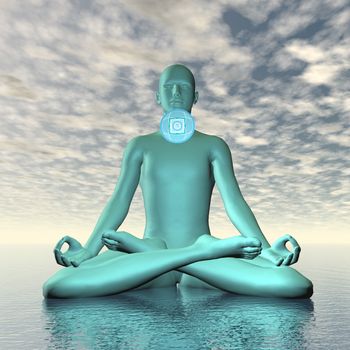 Silhouette of a man meditating with blue vishuddhi,vishuddha or throat chakra symbol upon ocean in cloudy background - 3D render