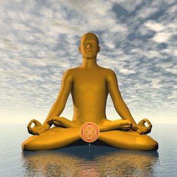 Silhouette of a man meditating with orange svadhishthana or sacral chakra symbol upon ocean in cloudy background - 3D render