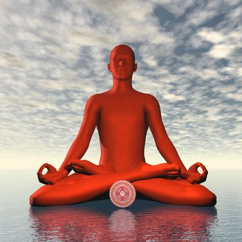 Silhouette of a man meditating with red muladhara or root chakra symbol upon ocean in cloudy background - 3D render