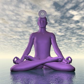 Silhouette of a man meditating with violet purple sahasrara or crown chakra symbol upon ocean in cloudy background - 3D render