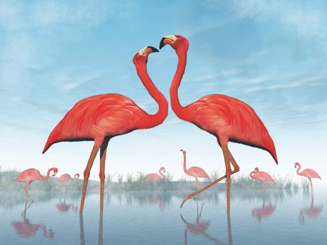 Pink flamingos courtship at the beach by daylight - 3D render