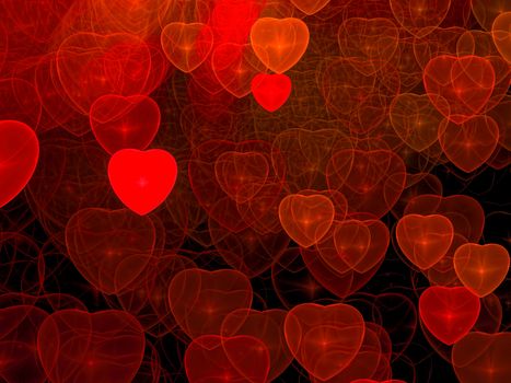 Chaos hearts background - abstract computer-generated image. Randomly placed glowing red hearts of different sizes. Love symbol on a dark backdrop.