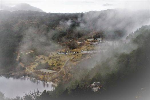 Mist over a hotel in Norway.