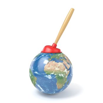 Red kitchen plunger on planet Earth 3D render illustration isolated on white background. Elements of this image furnished by NASA