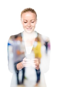Beautiful young caucasian woman in business attire using smart phone application on white background. Double exposure with abstract blur of couple dating in background.