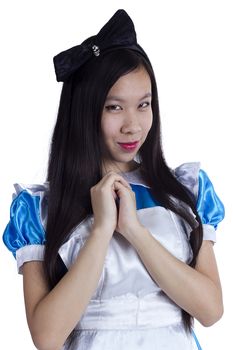 Young girl in the image of Alice on a white background