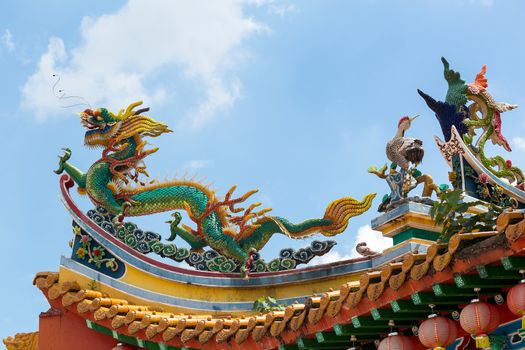 Chinese Dargon Phoenix and Crane on Taoist Temple Tiled Roof