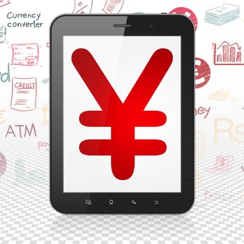 Banking concept: Tablet Computer with  red Yen icon on display,  Hand Drawn Finance Icons background, 3D rendering