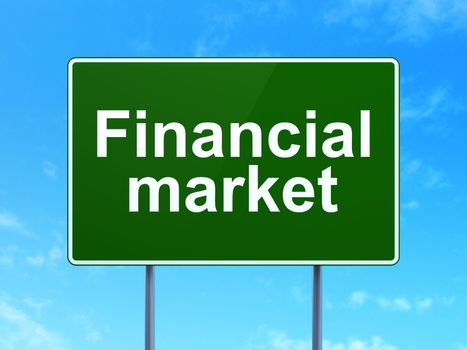 Money concept: Financial Market on green road highway sign, clear blue sky background, 3D rendering