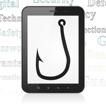 Protection concept: Tablet Computer with  black Fishing Hook icon on display,  Tag Cloud background, 3D rendering